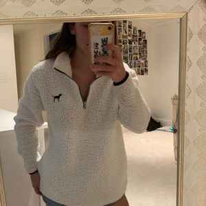 white PINK Sherpa quarter zip